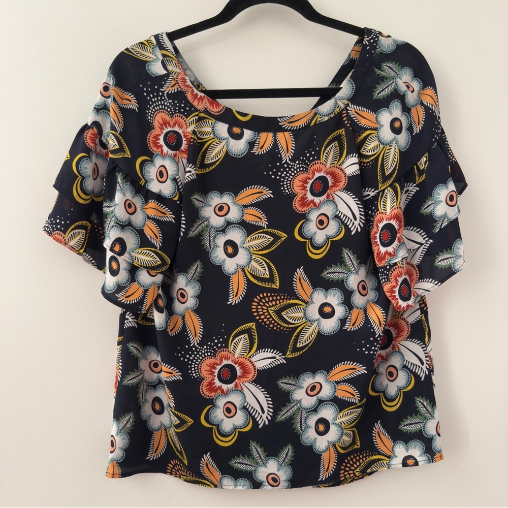 Ann Taylor Loft Floral Blouse Size Extra Small XS Boho Tie Back Beach Tropical